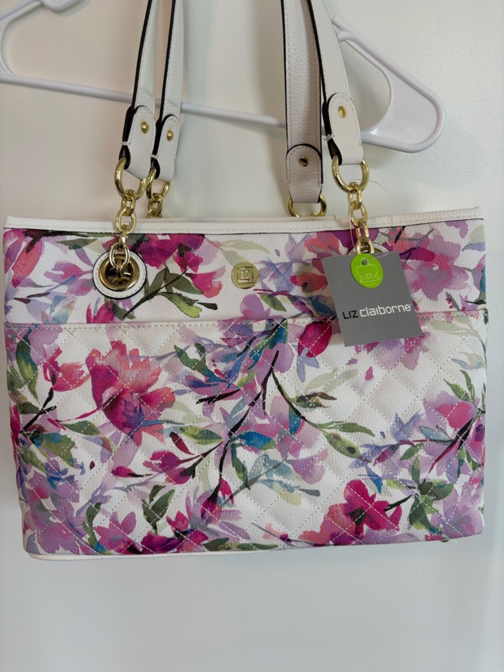 Liz Claiborne White Floral Quilted Shopper Tote Shoulder Bag Purse